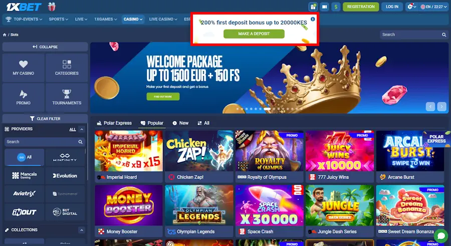 1xBet Casino and Welcome Bonus Screenshot